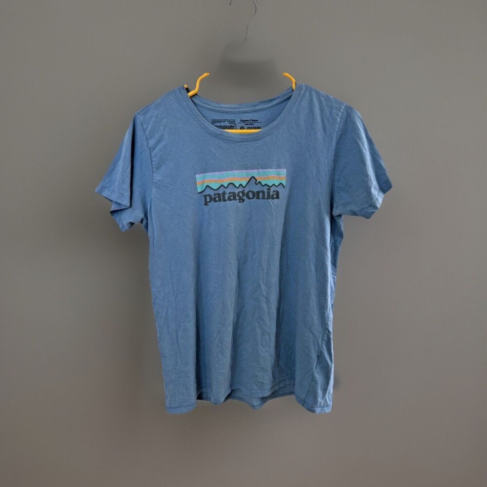 Patagonia Logo T-Shirt Blue Organic Cotton Fair Trade Men's Medium Short Sleeve